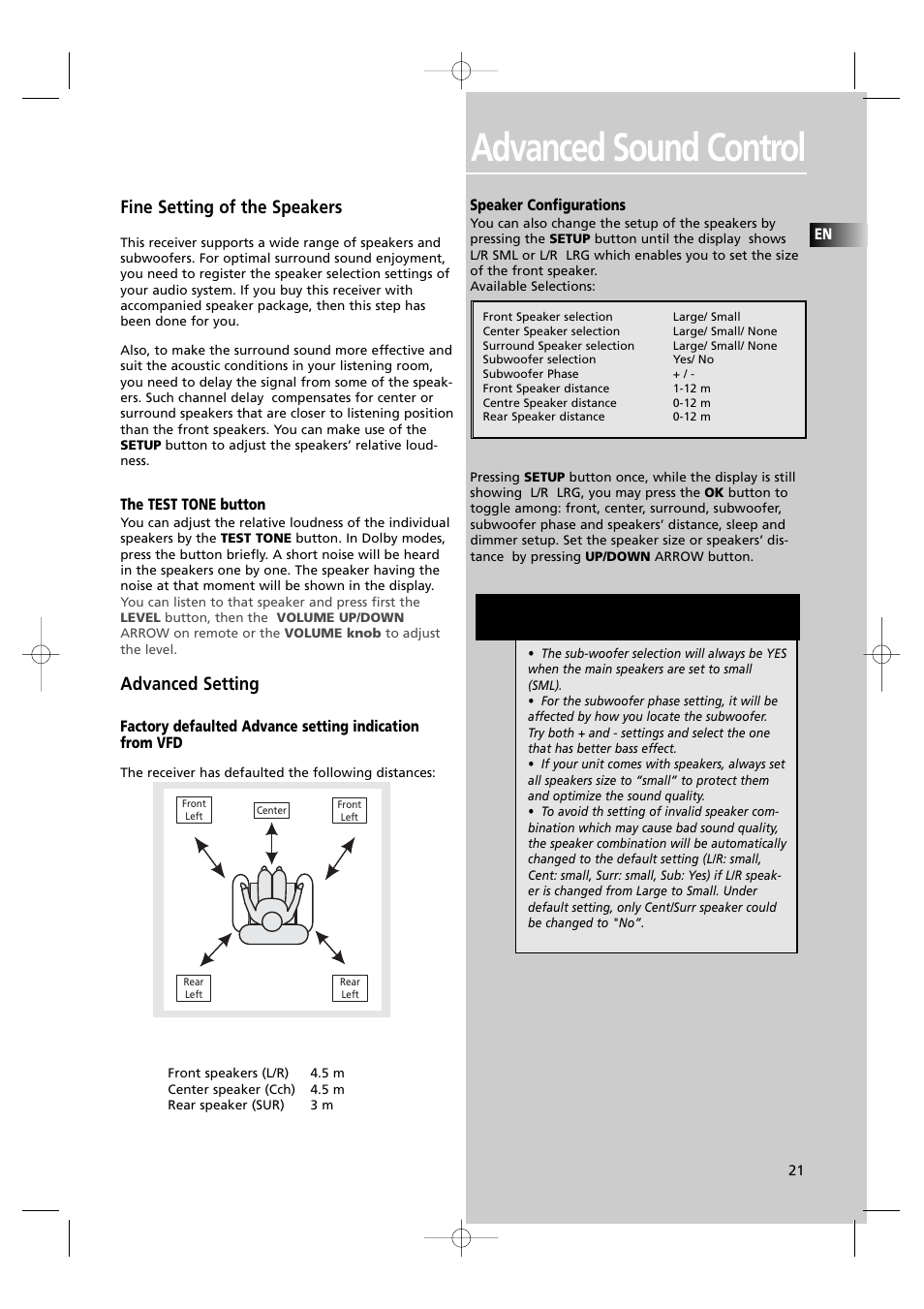 Advanced sound control, N o t e, Fine setting of the speakers | Advanced setting | Technicolor - Thomson DPL560HT User Manual | Page 24 / 27
