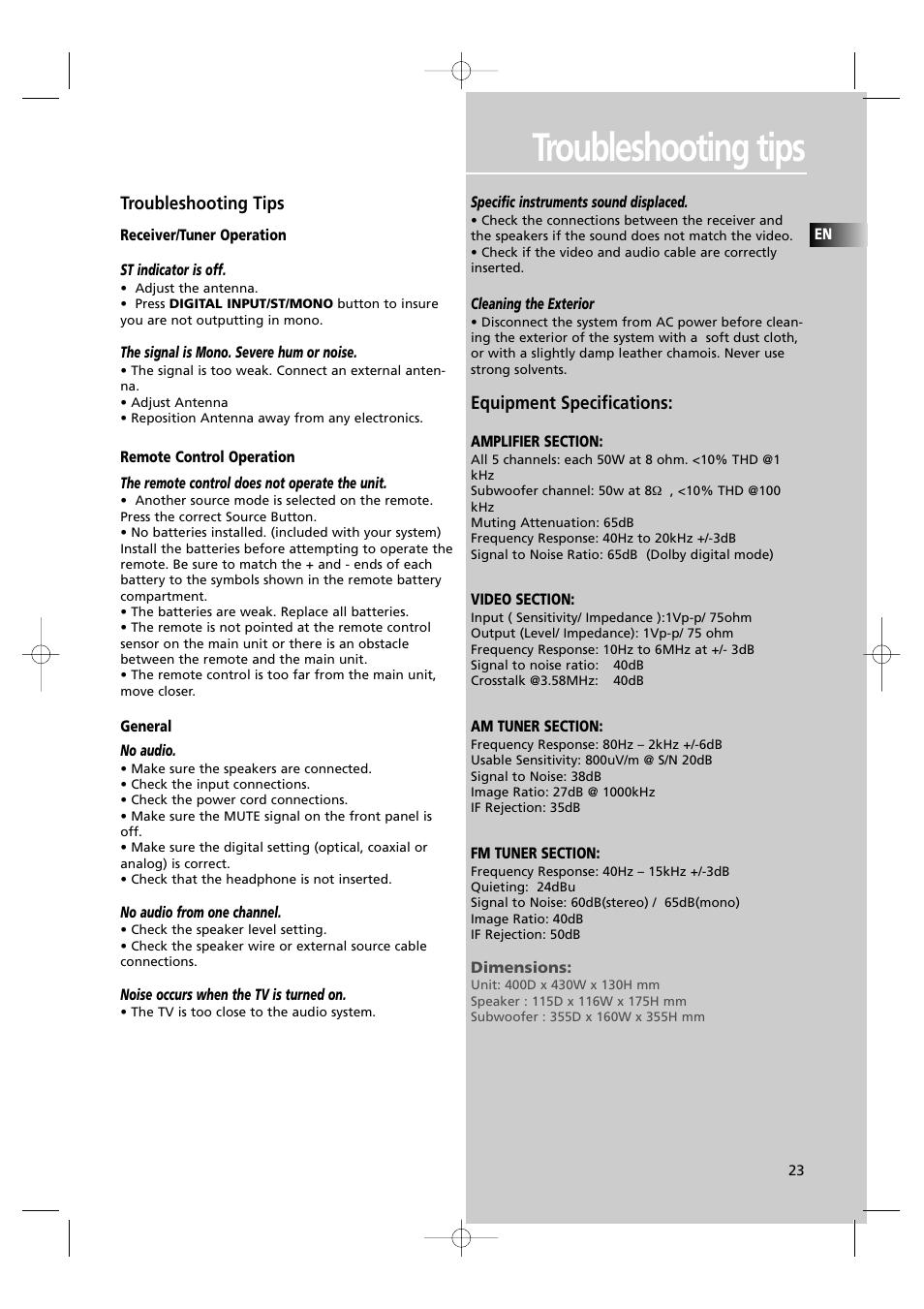 Troubleshooting tips, Equipment specifications | Technicolor - Thomson DPL560HT User Manual | Page 26 / 27