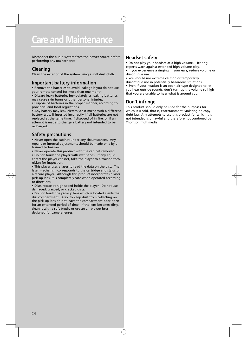 Care and maintenance | Technicolor - Thomson DPL560HT User Manual | Page 27 / 27