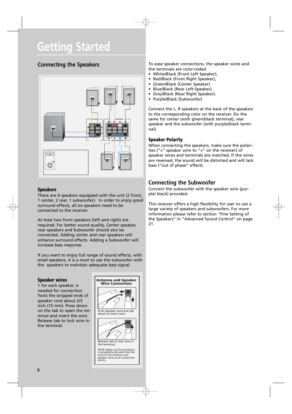 Getting started, Connecting the speakers, Connecting the subwoofer | Speakers, Speaker wires, Speaker polarity | Technicolor - Thomson DPL560HT User Manual | Page 9 / 27