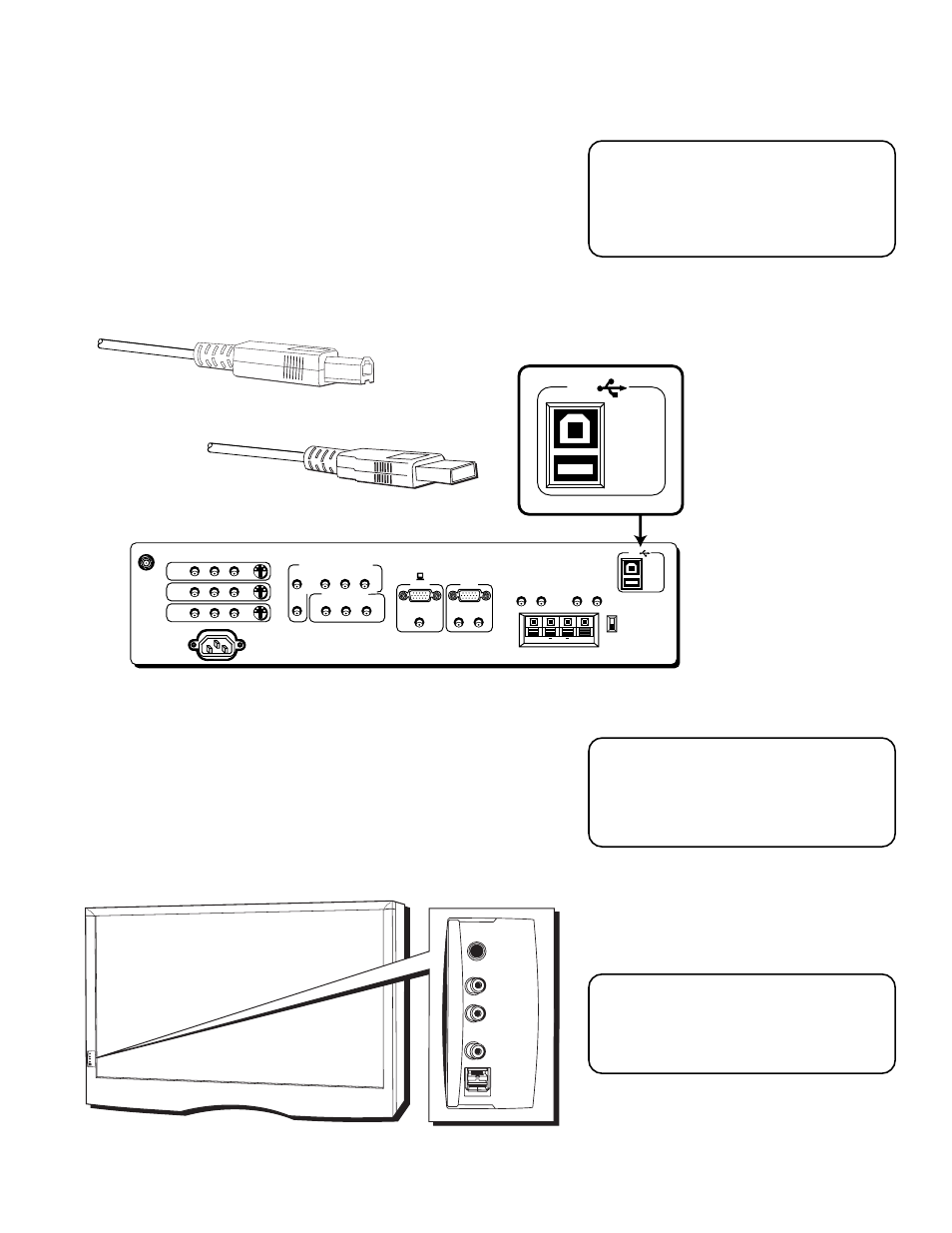 Front inputs, Usb inputs/output, Connections & setup | Usb cable (type a) usb cable (type b), Phones video in l (mono) audio in r usb | Technicolor - Thomson Proscan MULTIMEDIA MONITOR User Manual | Page 19 / 64