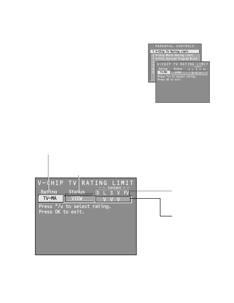 V-chip movie rating limit, Menus and features, Rating status tv-ma view | V-chip tv rating limit, The ratings limits screen | Technicolor - Thomson Proscan MULTIMEDIA MONITOR User Manual | Page 44 / 64