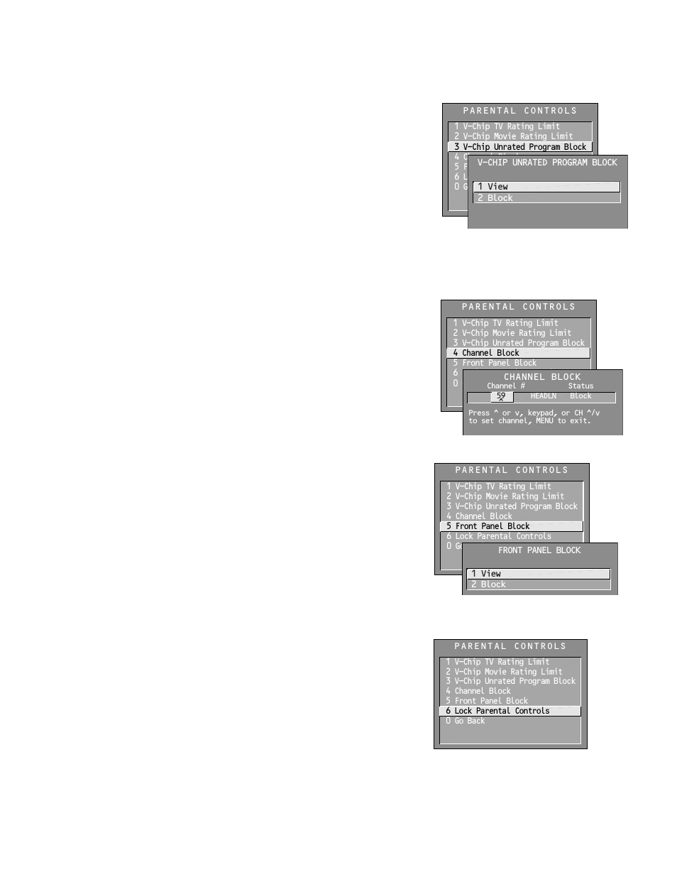 V-chip unrated program block, Channel block, Front panel block | Lock/unlock parental controls, Menus and features | Technicolor - Thomson Proscan MULTIMEDIA MONITOR User Manual | Page 49 / 64