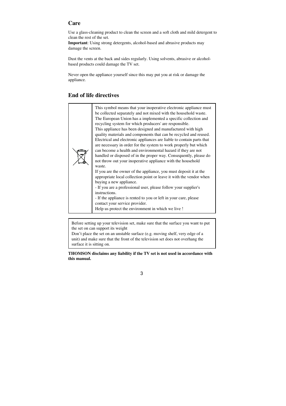 Care, End of life directives | Technicolor - Thomson LB030 User Manual | Page 3 / 20