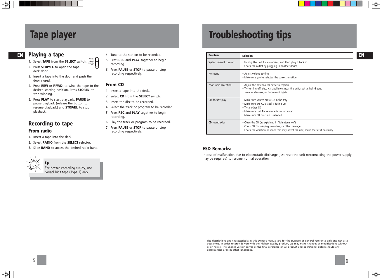 Troubleshooting tips, Tape player, Playing a tape | Recording to tape, Esd remarks | Technicolor - Thomson TM9237 User Manual | Page 4 / 5