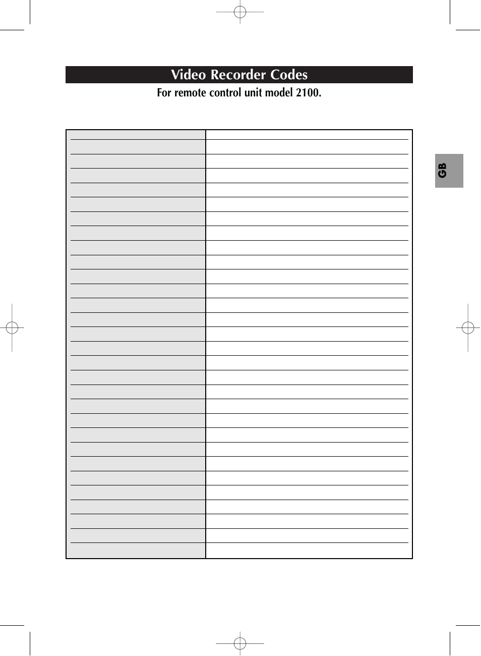 Video recorder codes, For remote control unit model 2100 | Technicolor - Thomson TX807C User Manual | Page 11 / 11