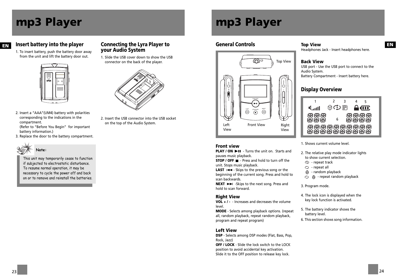 Mp3 player, General controls, Display overview | Insert battery into the player, Connecting the lyra player to your audio system | Technicolor - Thomson CS700 User Manual | Page 15 / 18