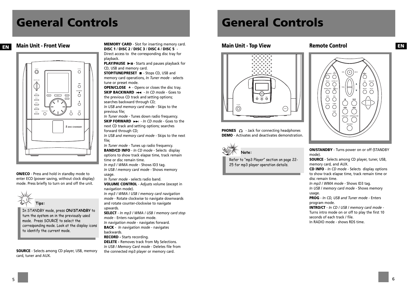 General controls, Play/on stop/off next last, Main unit - front view | Main unit - top view, Remote control | Technicolor - Thomson CS700 User Manual | Page 6 / 18