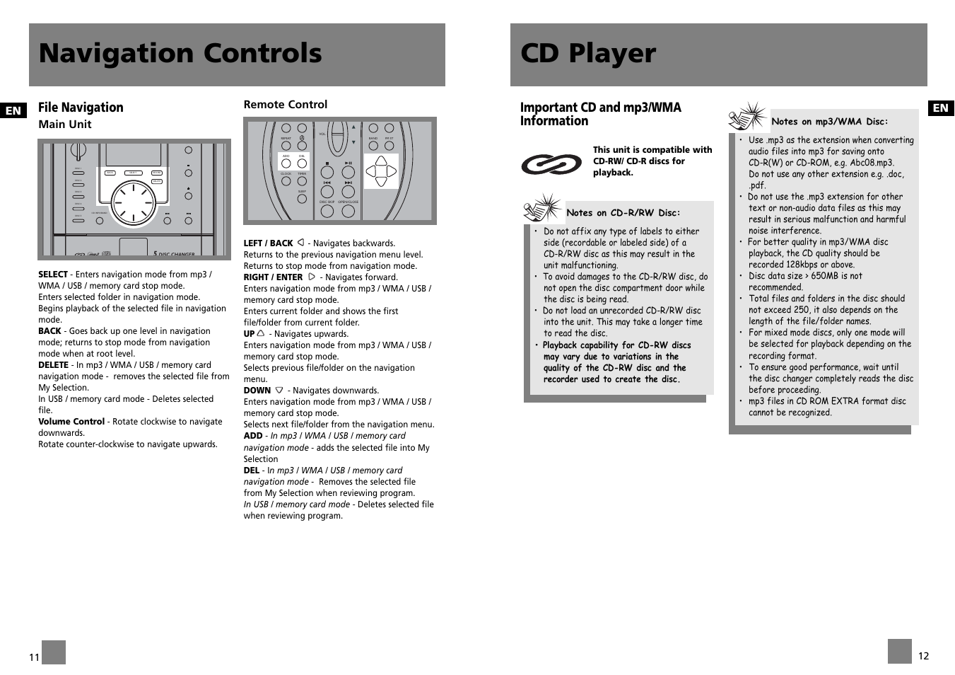 Cd player, Navigation controls, Cd-r / rw compatible | File navigation, Important cd and mp3/wma information | Technicolor - Thomson CS700 User Manual | Page 9 / 18