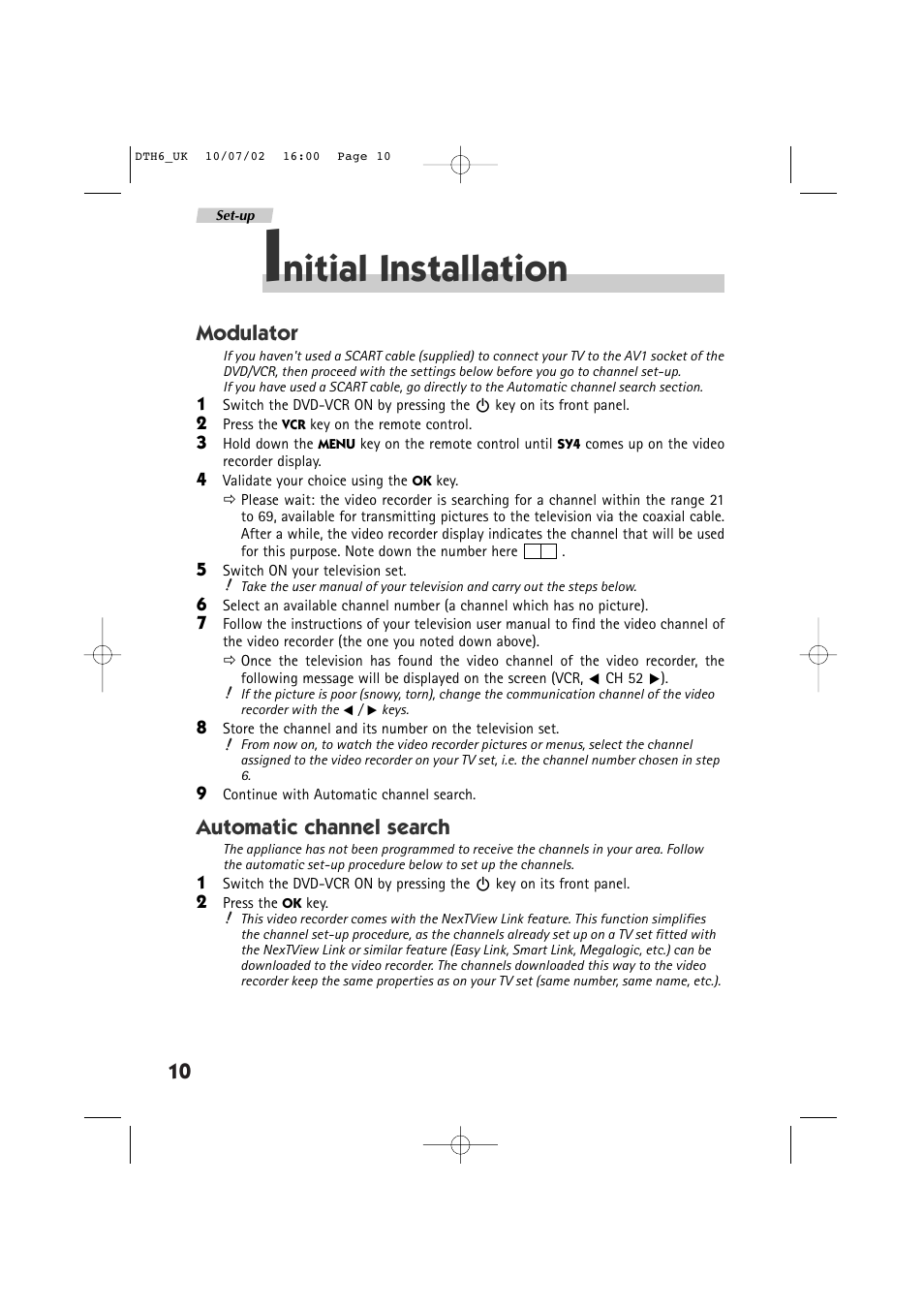 Nitial installation, Modulator, Automatic channel search | Technicolor - Thomson DTH 6000 User Manual | Page 10 / 33