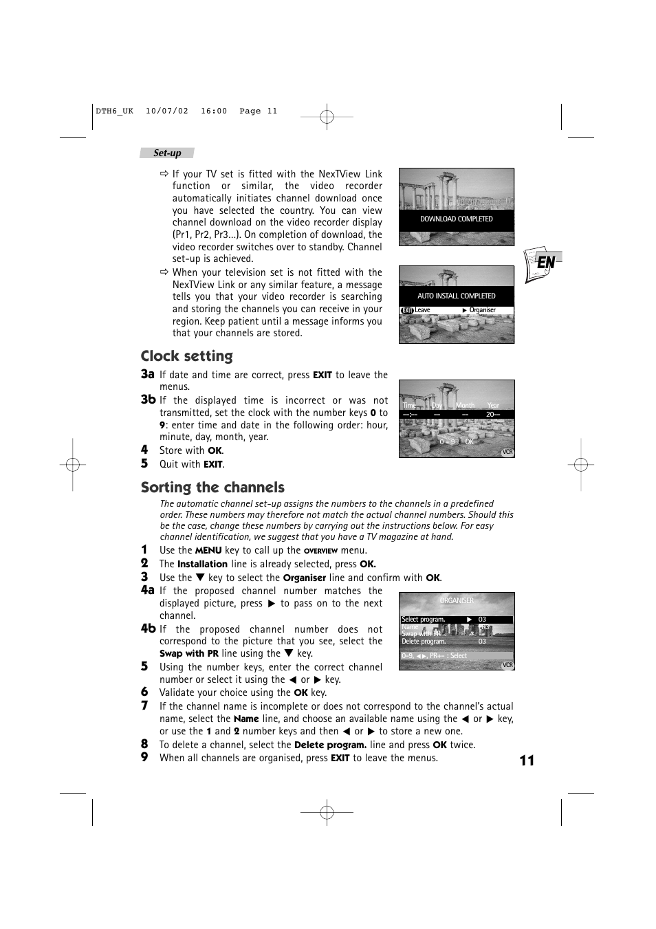 Clock setting, Sorting the channels | Technicolor - Thomson DTH 6000 User Manual | Page 11 / 33