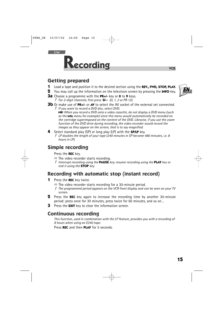 Ecording, Getting prepared, Simple recording | Recording with automatic stop (instant record), Continuous recording | Technicolor - Thomson DTH 6000 User Manual | Page 15 / 33