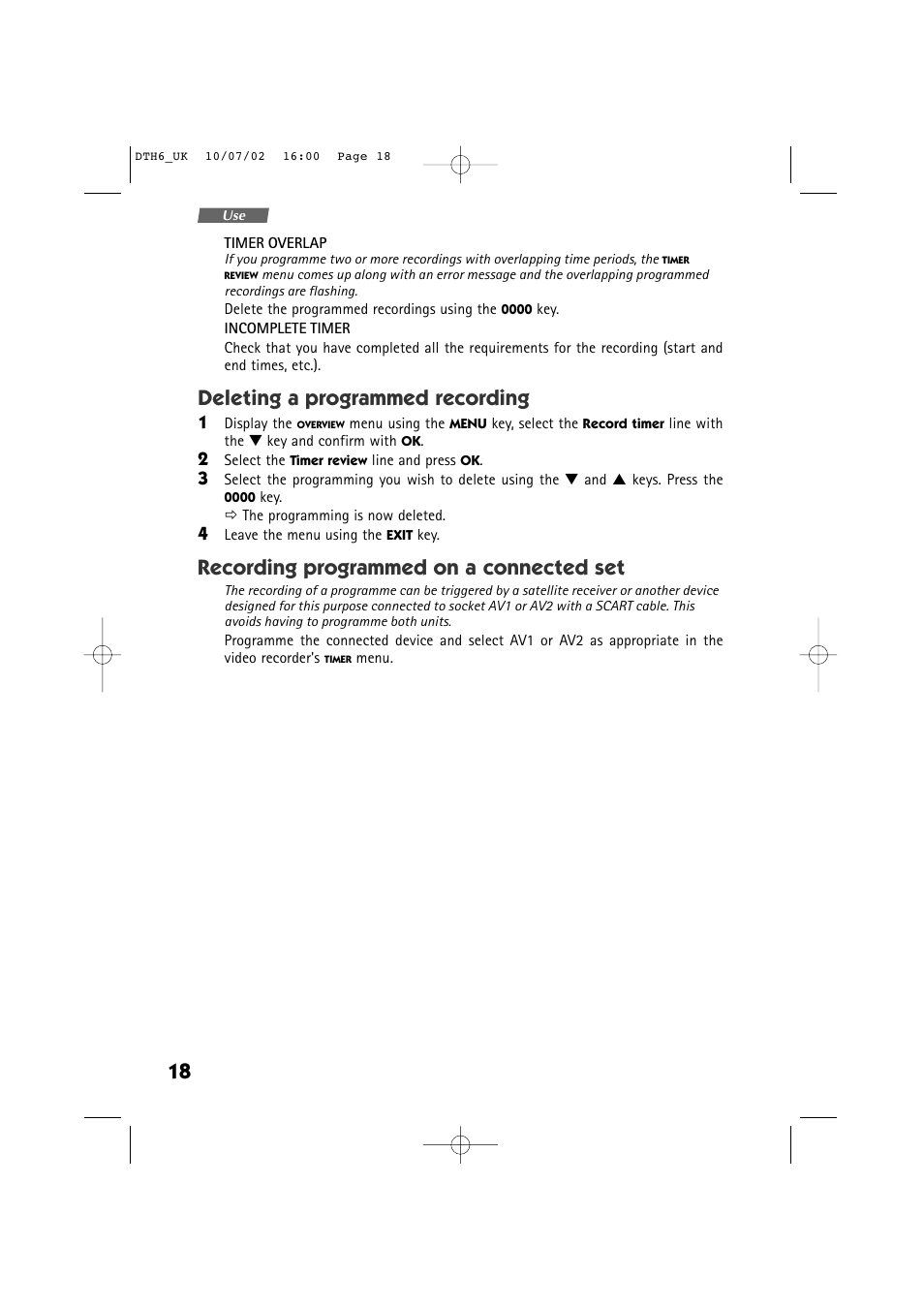 Deleting a programmed recording, Recording programmed on a connected set | Technicolor - Thomson DTH 6000 User Manual | Page 18 / 33