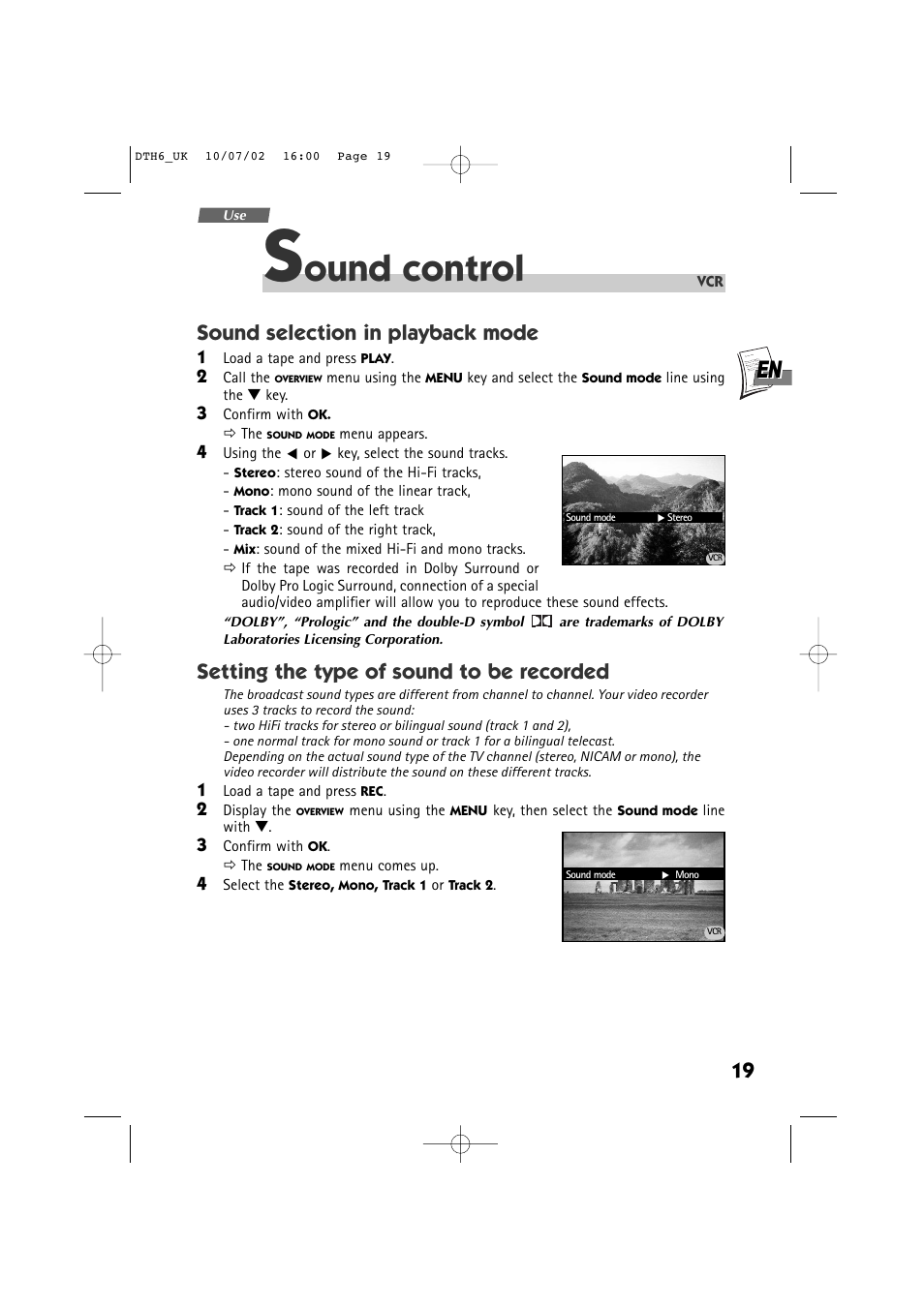 Ound control, Sound selection in playback mode, Setting the type of sound to be recorded | Technicolor - Thomson DTH 6000 User Manual | Page 19 / 33