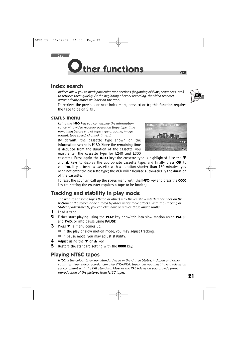 Ther functions, Index search, Menu | Tracking and stability in play mode, Playing ntsc tapes | Technicolor - Thomson DTH 6000 User Manual | Page 21 / 33