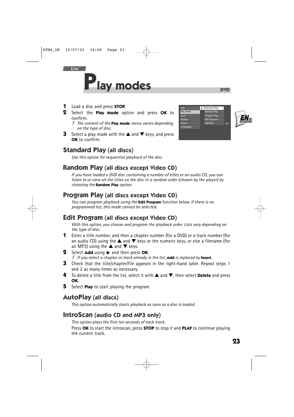 Lay modes, Standard play, Random play | Program play, Edit program, Autoplay, Introscan | Technicolor - Thomson DTH 6000 User Manual | Page 23 / 33