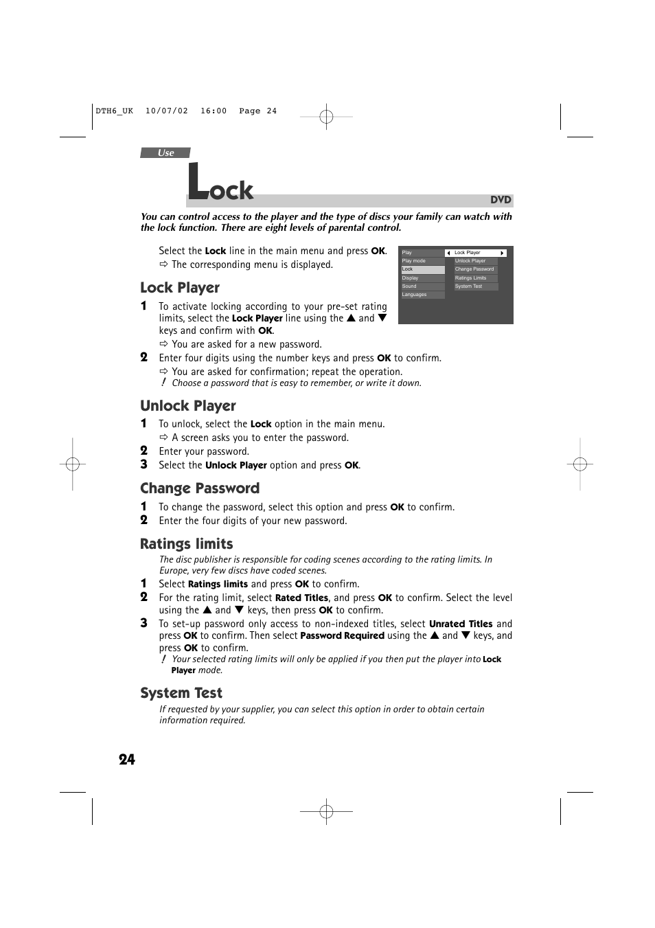 Lock player, Unlock player, Change password | Ratings limits, System test | Technicolor - Thomson DTH 6000 User Manual | Page 24 / 33