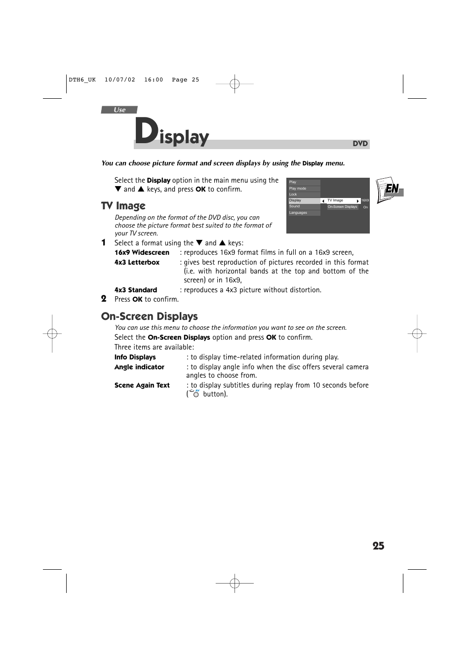 Isplay, Tv image, On-screen displays | Technicolor - Thomson DTH 6000 User Manual | Page 25 / 33