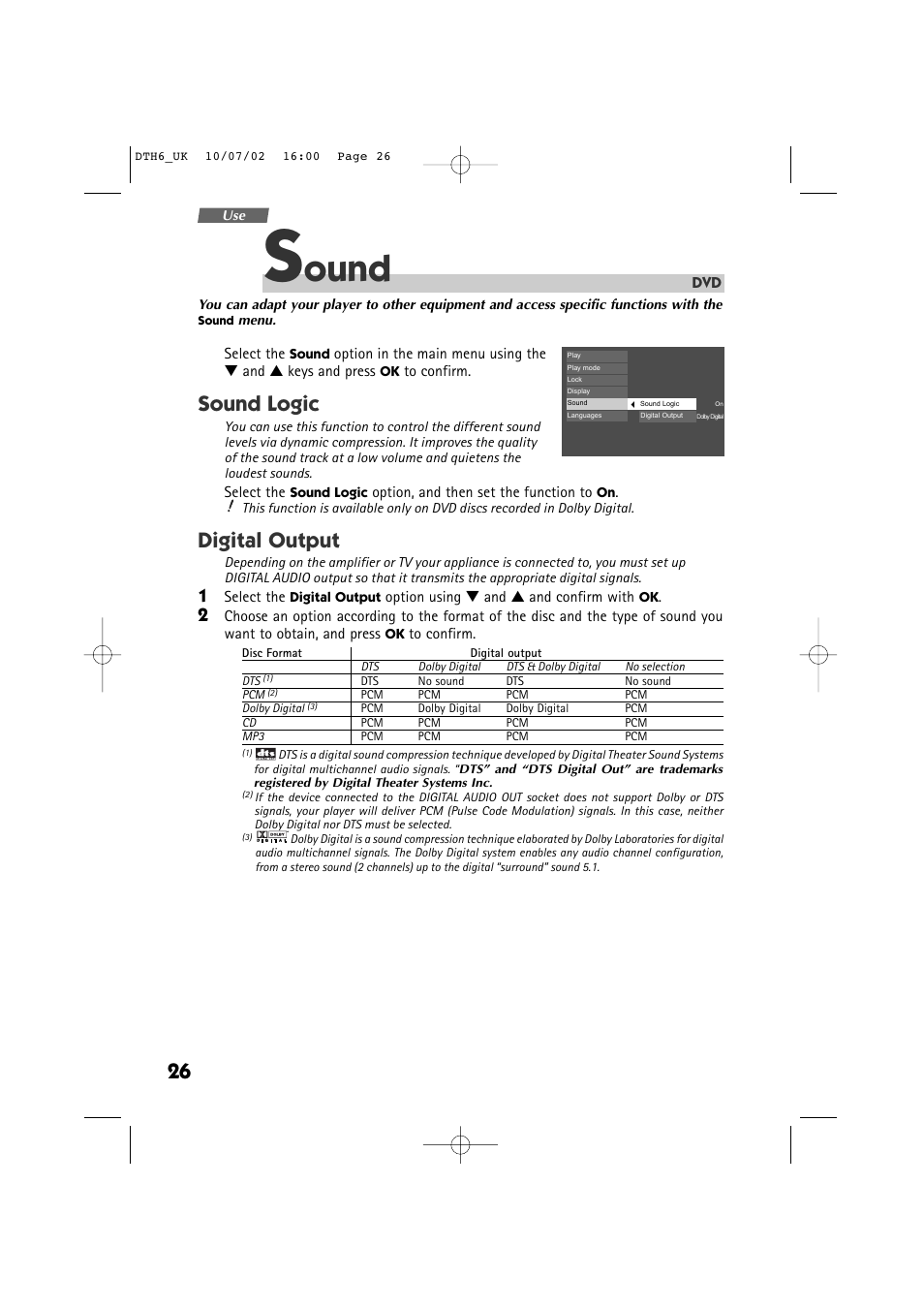 Ound, Sound logic, Digital output | Technicolor - Thomson DTH 6000 User Manual | Page 26 / 33