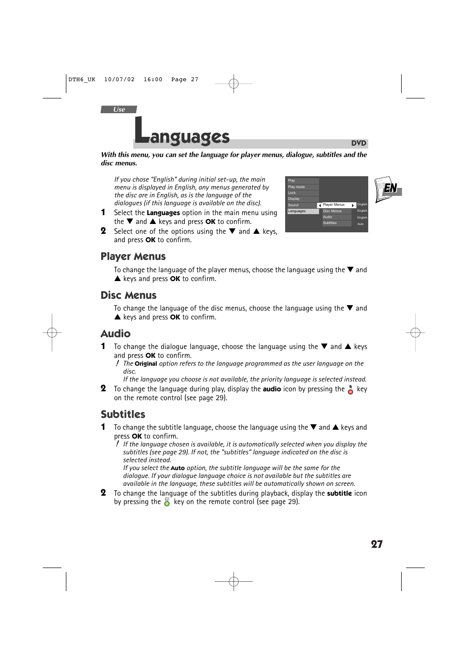 Anguages, Player menus, Disc menus | Audio, Subtitles | Technicolor - Thomson DTH 6000 User Manual | Page 27 / 33