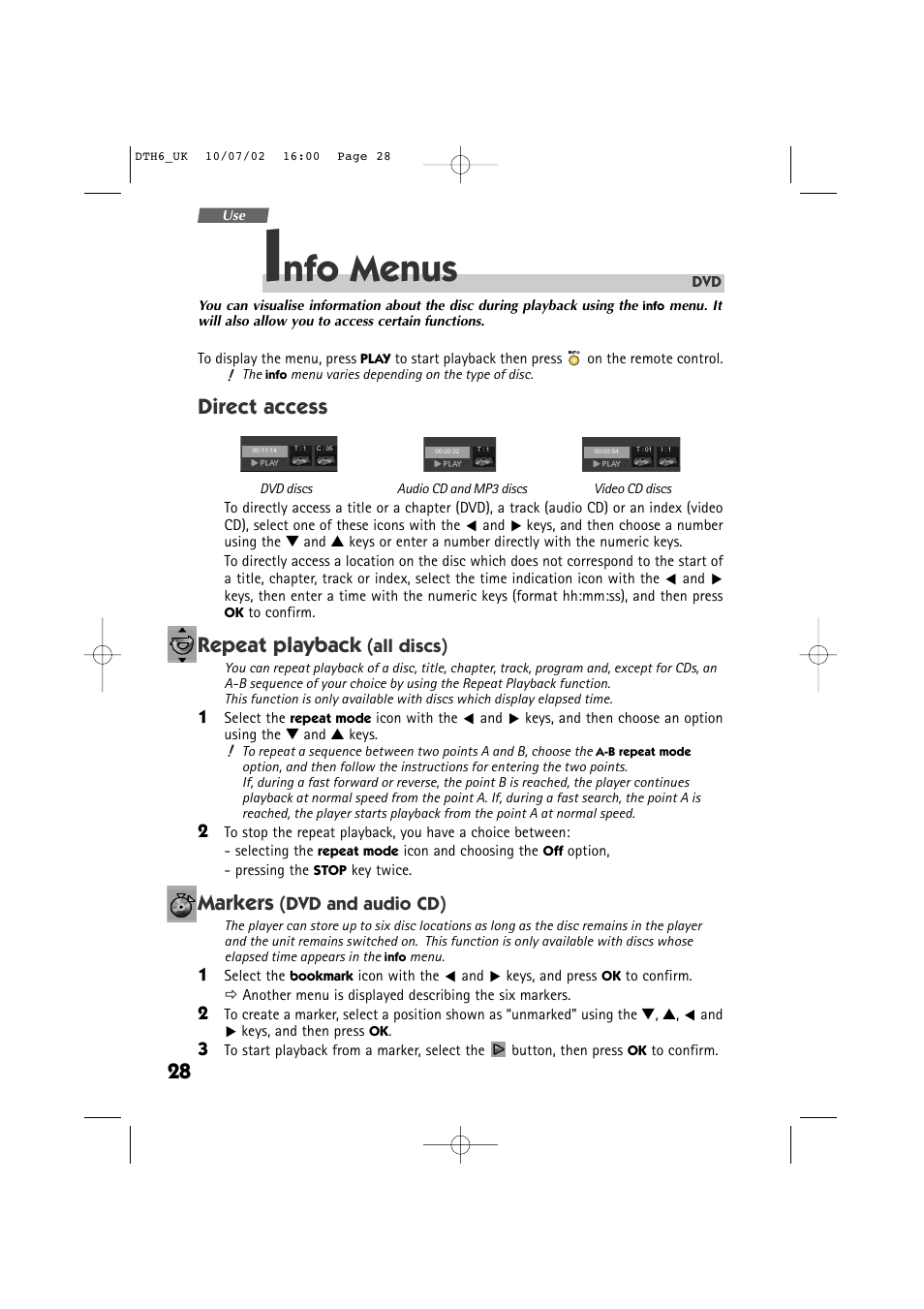 Nfo menus, Direct access, Repeat playback | Markers | Technicolor - Thomson DTH 6000 User Manual | Page 28 / 33