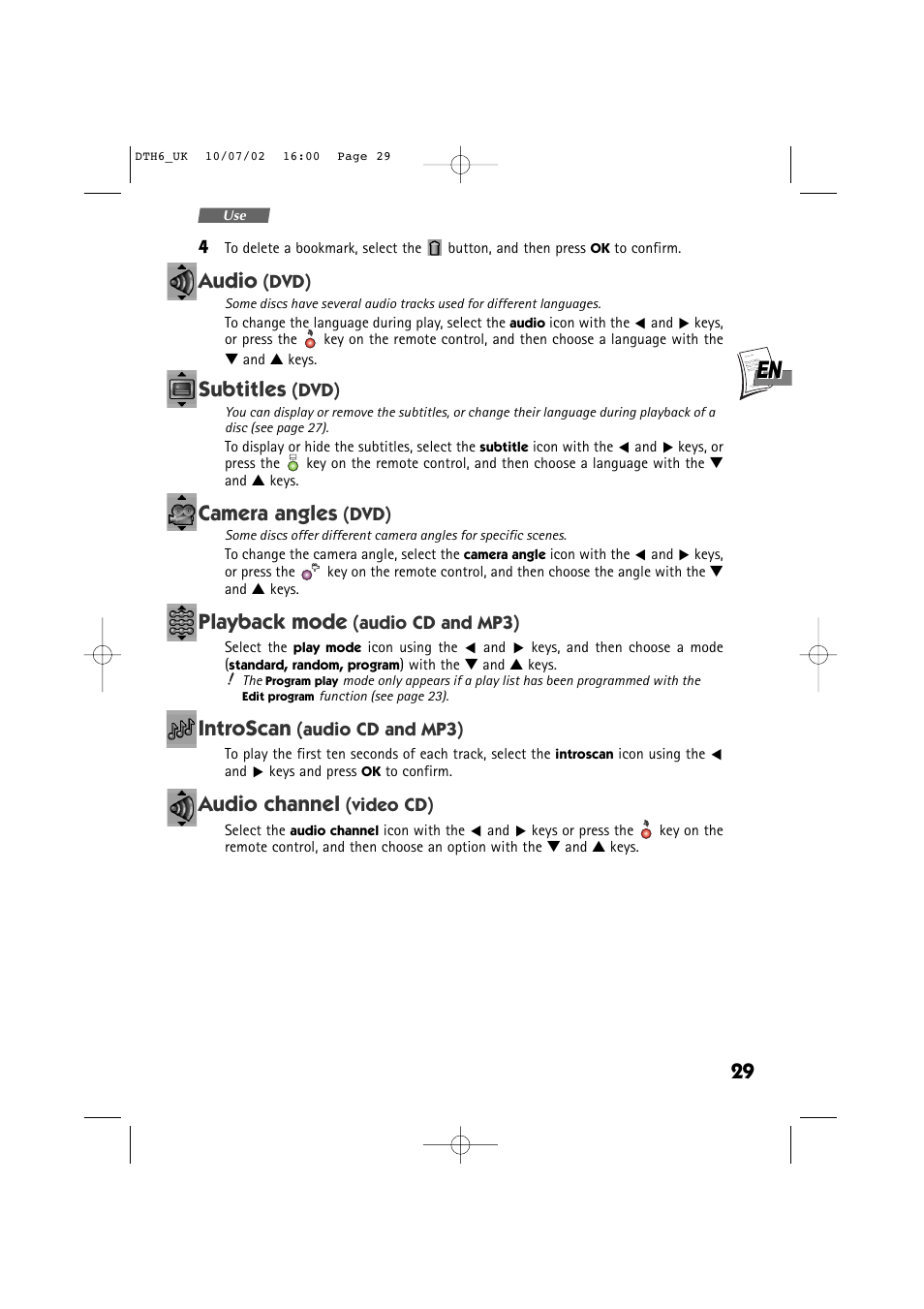 Audio, Subtitles, Camera angles | Playback mode, Introscan, Audio channel | Technicolor - Thomson DTH 6000 User Manual | Page 29 / 33