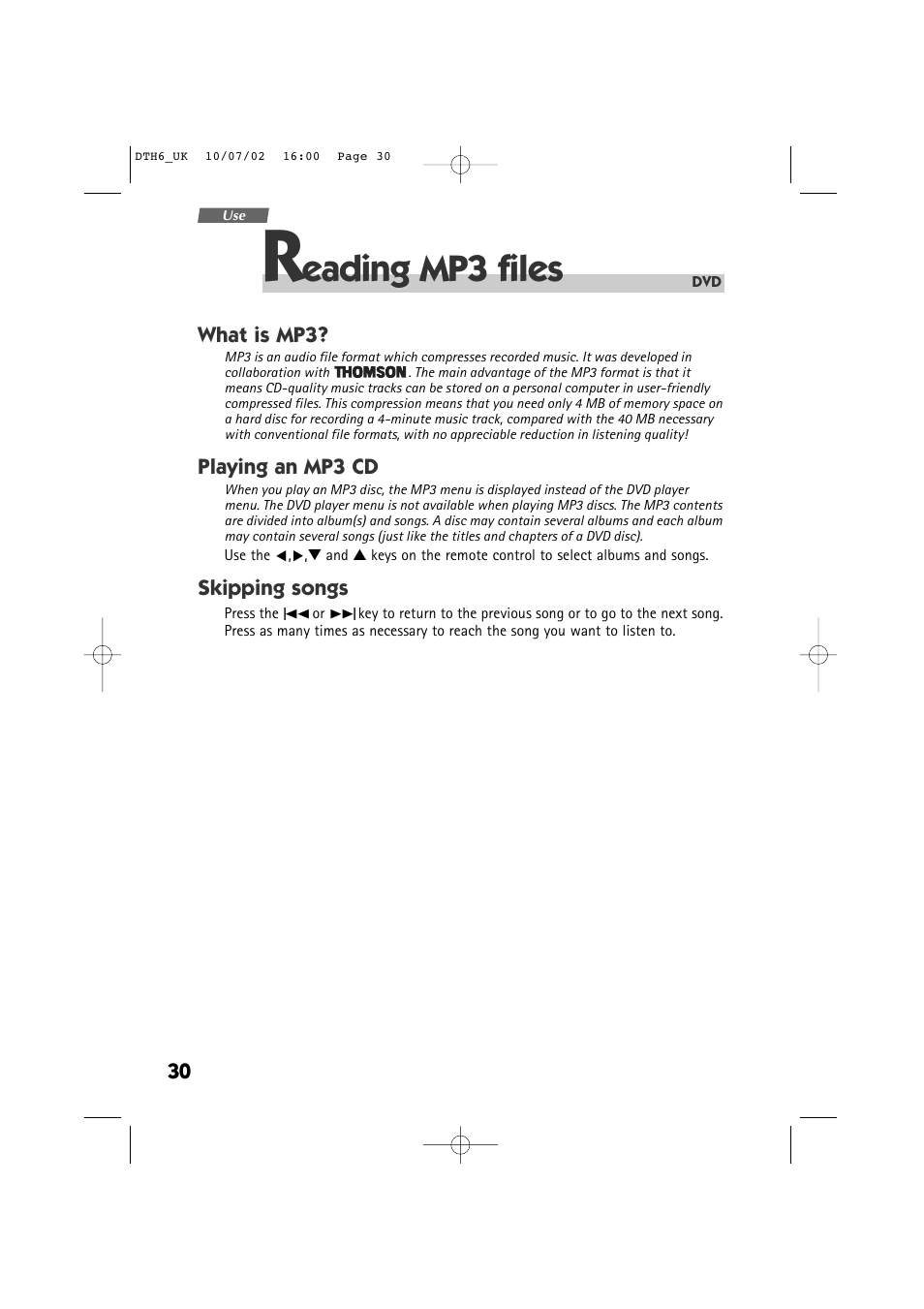 Eading mp3 files | Technicolor - Thomson DTH 6000 User Manual | Page 30 / 33