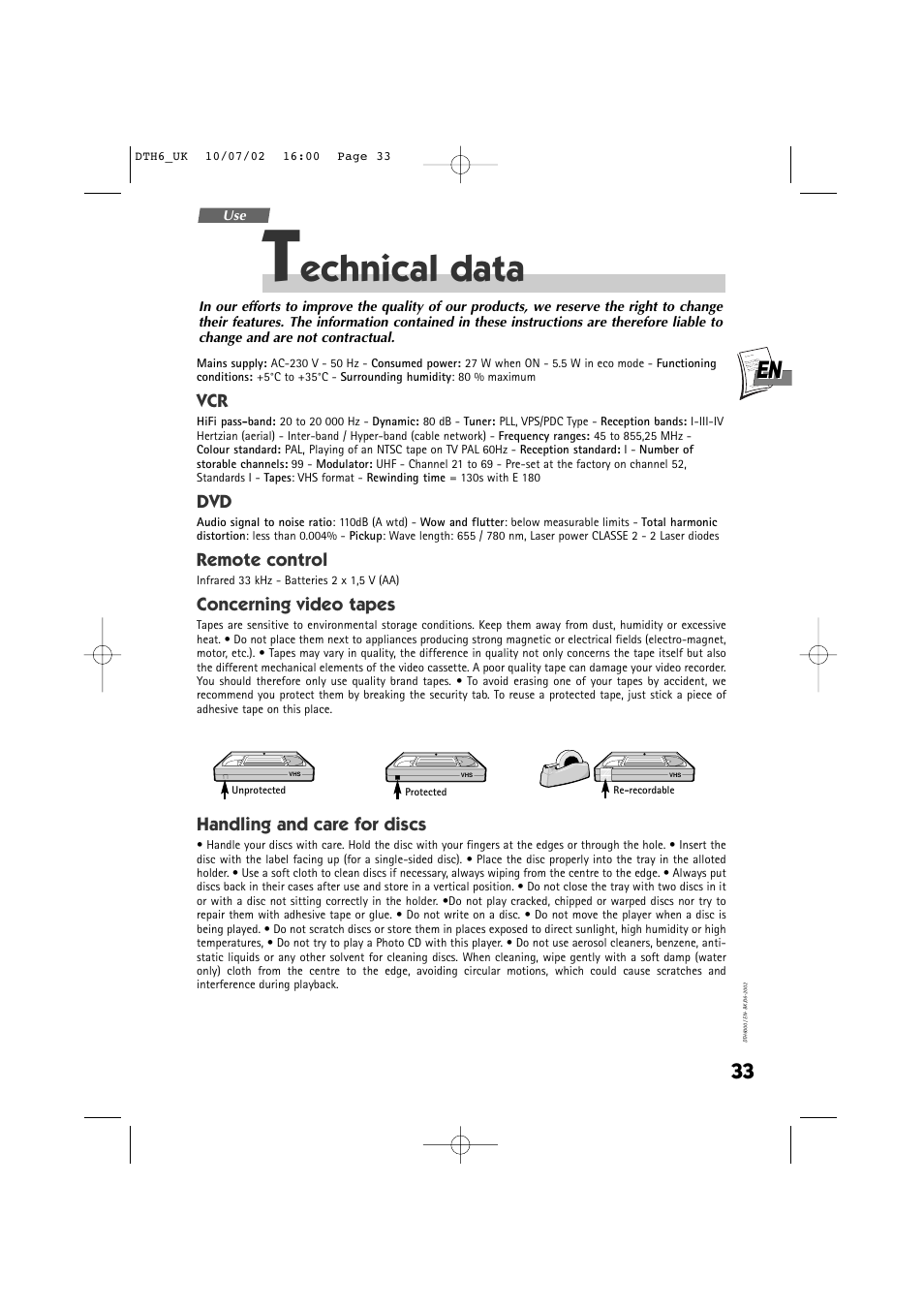 Echnical data | Technicolor - Thomson DTH 6000 User Manual | Page 33 / 33