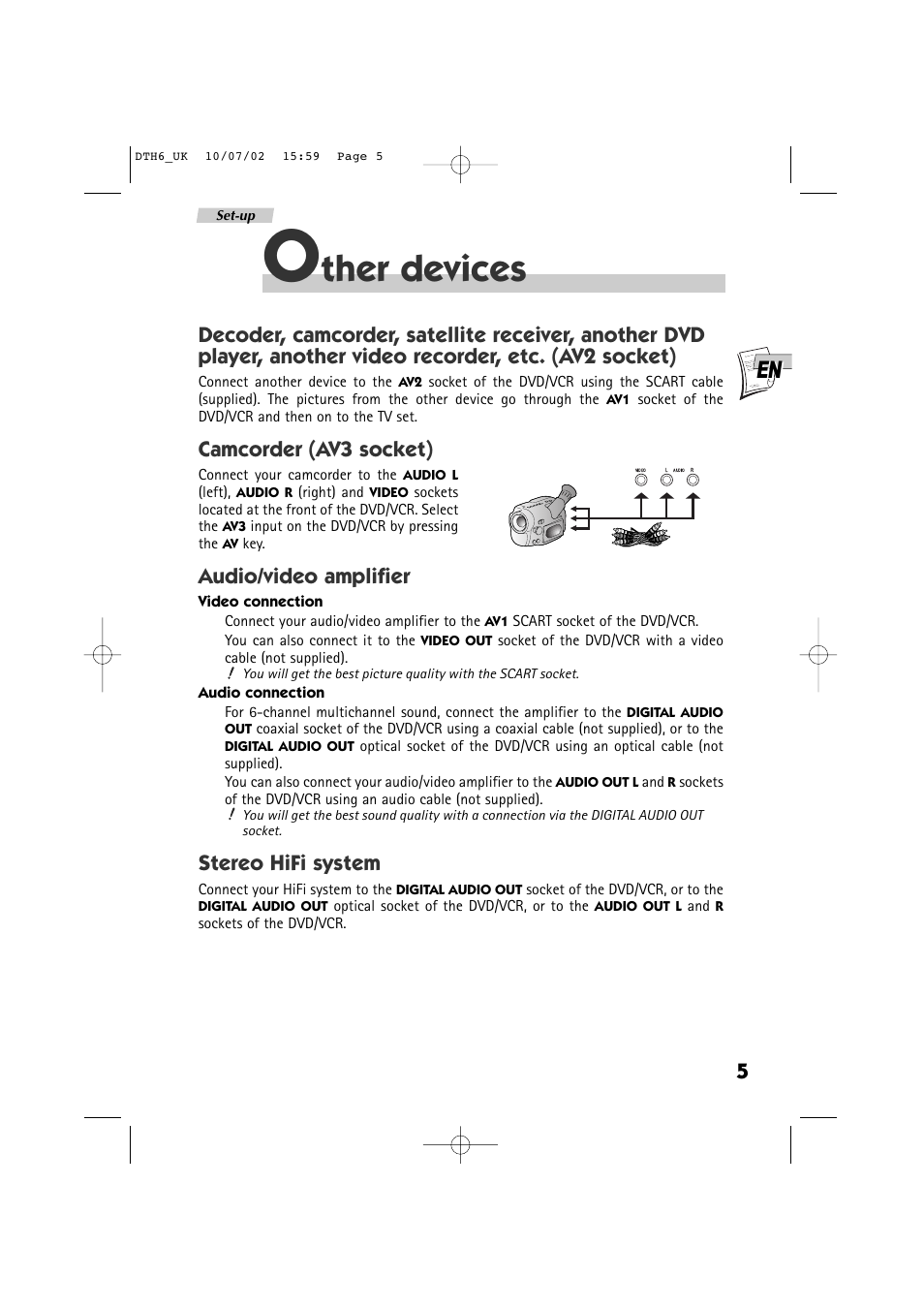 Ther devices, Camcorder (av3 socket), Audio/video amplifier | Stereo hifi system | Technicolor - Thomson DTH 6000 User Manual | Page 5 / 33