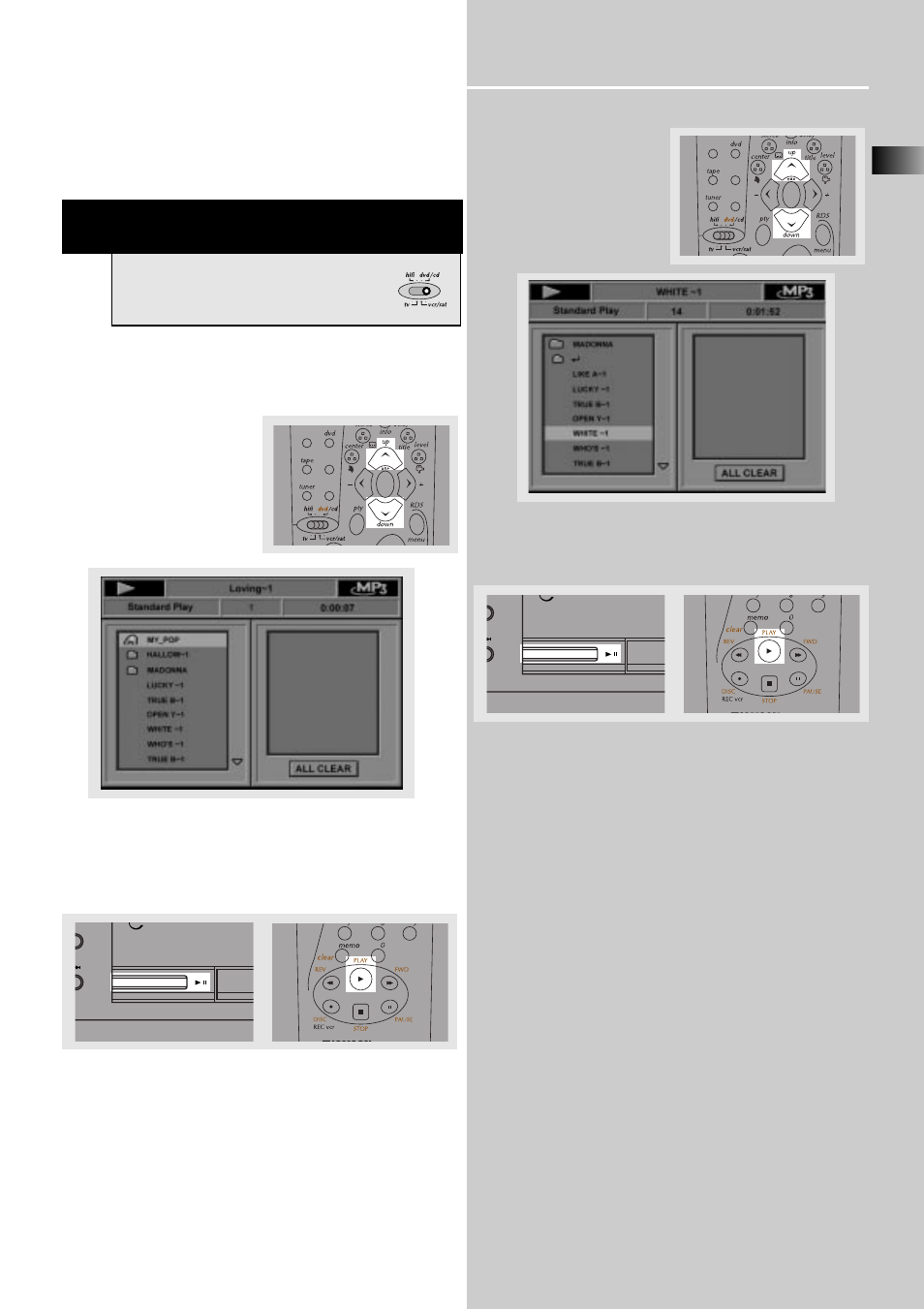 Cd / mp3 player, On- screen display for mp3 playback, Normal play file mode | Folder mode, The remote control selector must be set on dvd/cd | Technicolor - Thomson CD/MP3 Player User Manual | Page 6 / 7