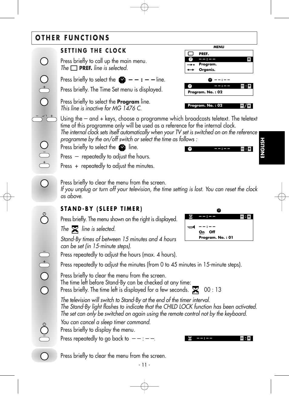 Other functions, Setting the clock, Stand -by (sleep timer) | Line is selected, This line is inactive for mg 1476 c, Press briefly to select the, Line, Press briefly to clear the menu from the screen | Technicolor - Thomson Telefunken M G 1 4 7 6 C T User Manual | Page 11 / 18