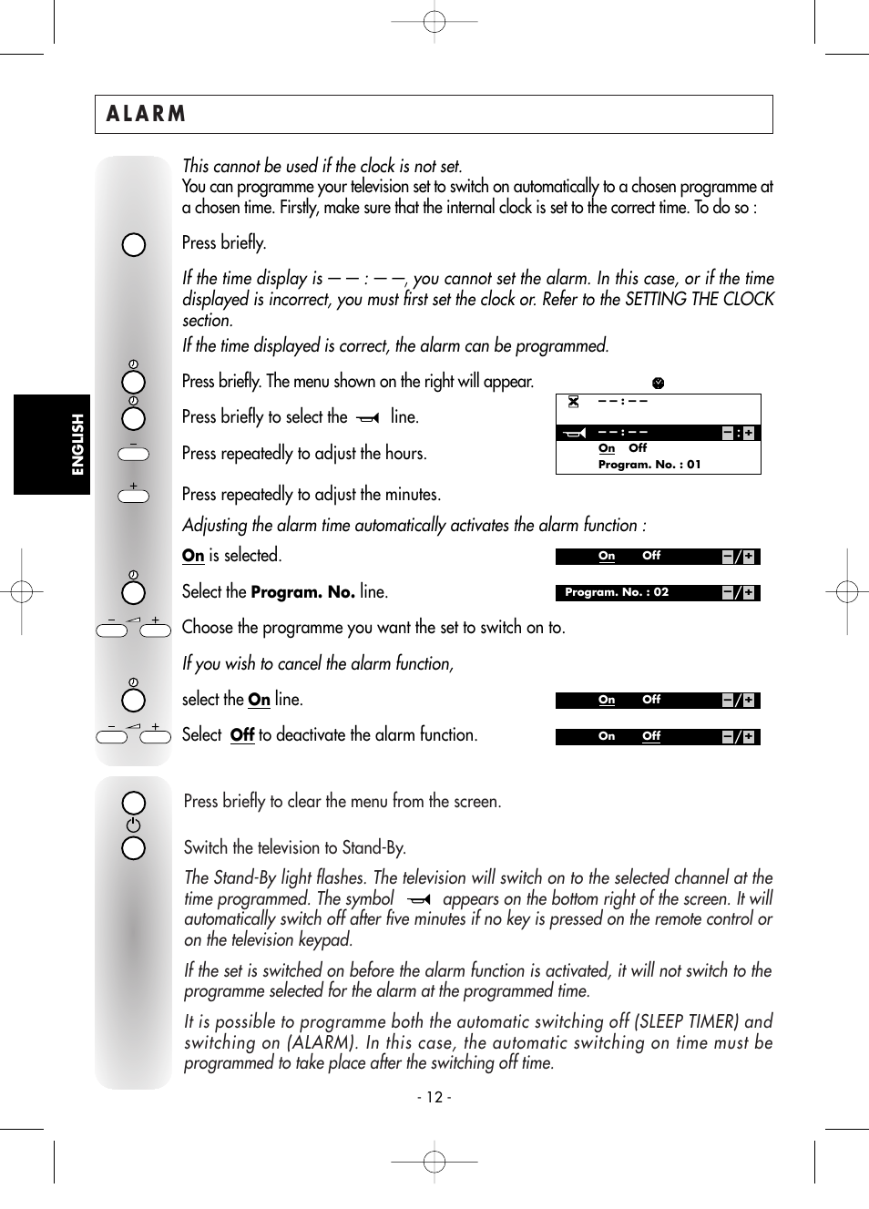 Alarm, This cannot be used if the clock is not set, If the time display is | If you wish to cancel the alarm function, Is selected. select the, Select the, Line. select | Technicolor - Thomson Telefunken M G 1 4 7 6 C T User Manual | Page 12 / 18