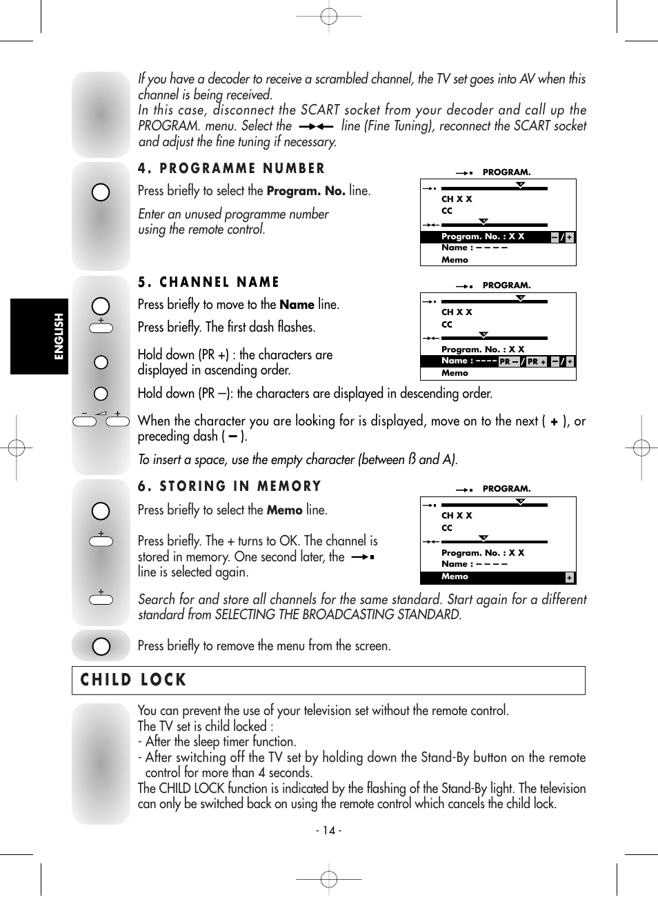 4 . programme number, 5 . channel name, 6 . storing in memory | Child lock, Press briefly to move to the, Press briefly to select the, Line | Technicolor - Thomson Telefunken M G 1 4 7 6 C T User Manual | Page 14 / 18