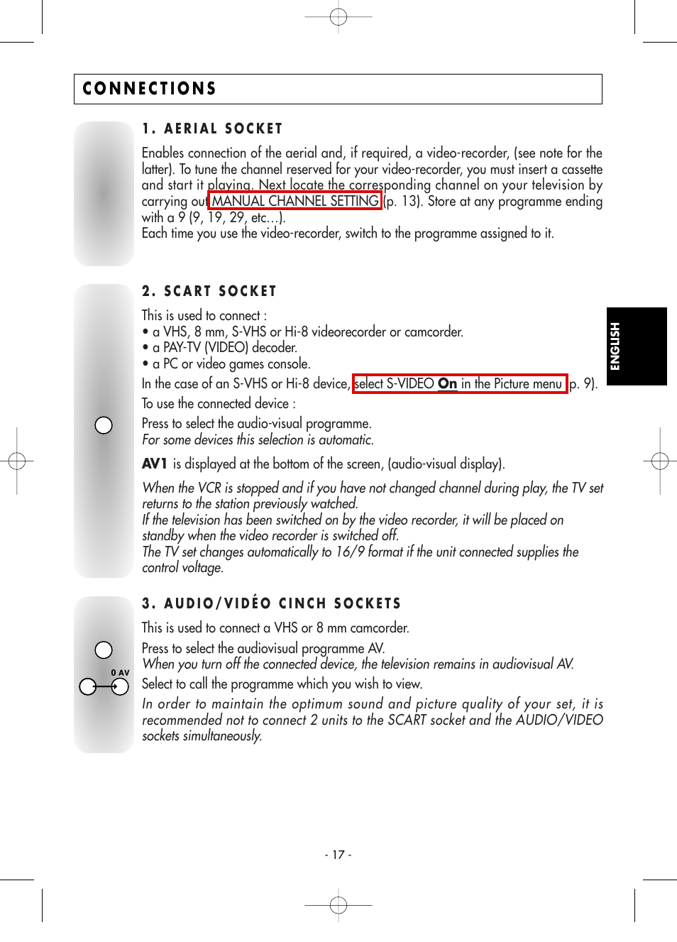 Connections, 1 . aerial socket, 2 . scart socket | 3 . audio/video cinch sockets | Technicolor - Thomson Telefunken M G 1 4 7 6 C T User Manual | Page 17 / 18