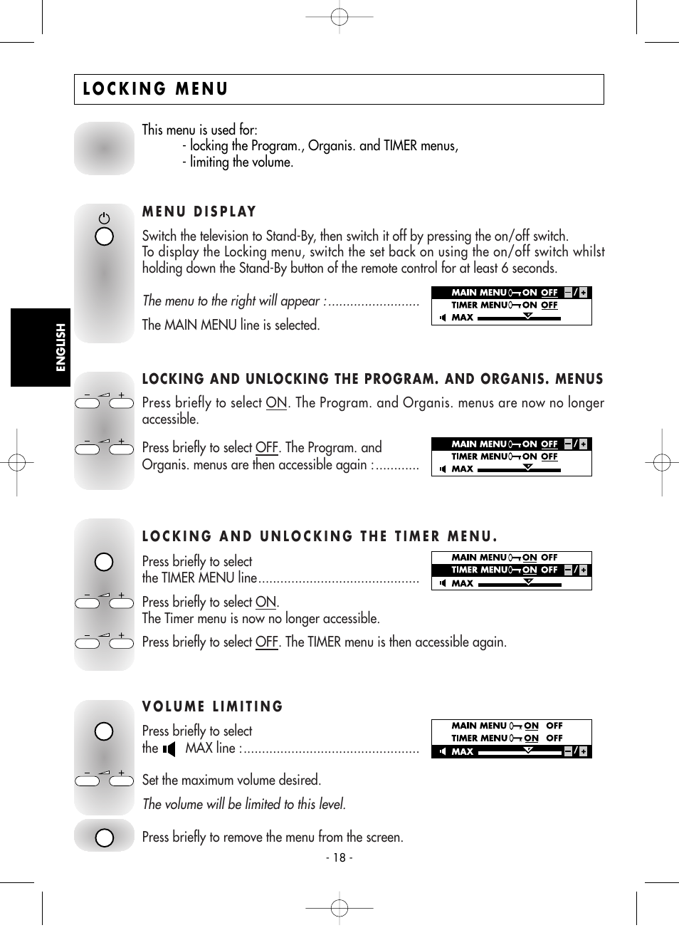 Locking menu, Menu display, Locking and unlocking the timer menu | Volume limiting, The volume will be limited to this level, The menu to the right will appear, The main menu line is selected, Press briefly to remove the menu from the screen | Technicolor - Thomson Telefunken M G 1 4 7 6 C T User Manual | Page 18 / 18