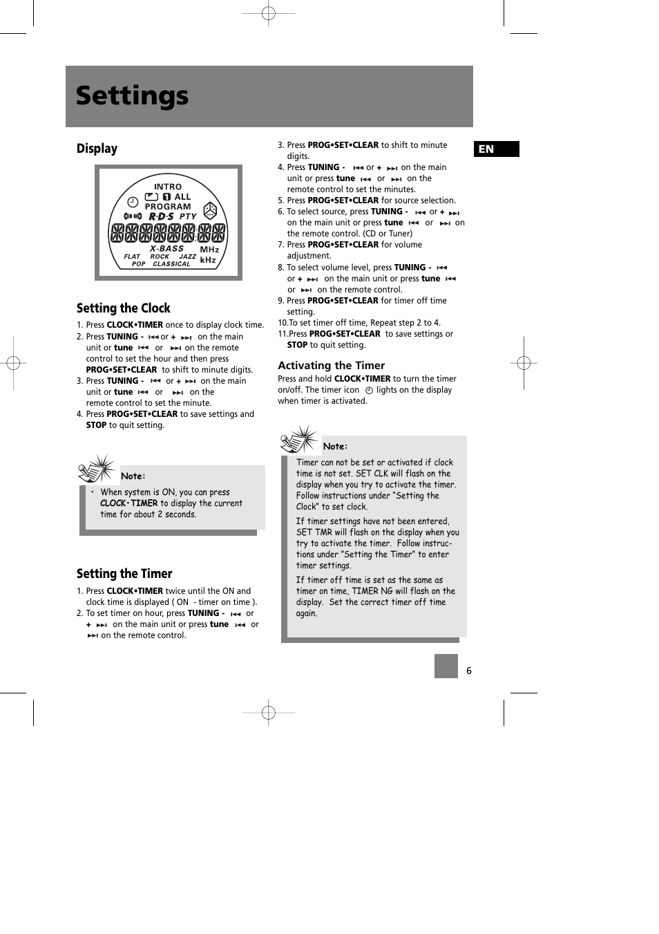 Settings, Display setting the clock, Setting the timer | Technicolor - Thomson Thomson Life CS90 User Manual | Page 10 / 18