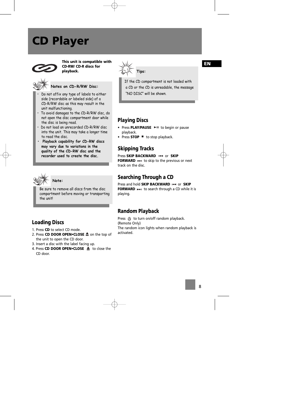 Cd player, Loading discs, Playing discs | Skipping tracks, Searching through a cd, Random playback | Technicolor - Thomson Thomson Life CS90 User Manual | Page 12 / 18