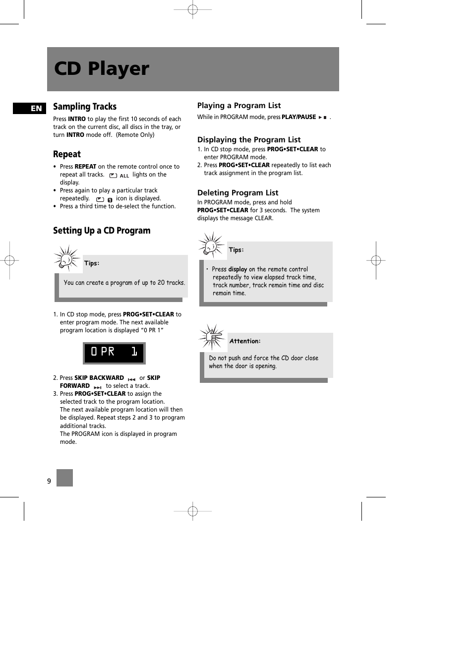 Cd player, 0 pr 1, Sampling tracks | Repeat, Setting up a cd program | Technicolor - Thomson Thomson Life CS90 User Manual | Page 13 / 18