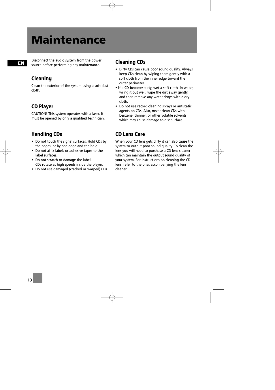 Maintenance, Cleaning, Cd player | Handling cds, Cleaning cds, Cd lens care | Technicolor - Thomson Thomson Life CS90 User Manual | Page 17 / 18