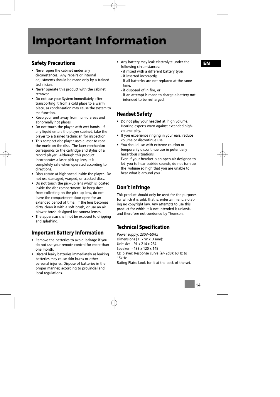 Important information, Safety precautions, Important battery information | Headset safety, Don’t infringe, Technical specification | Technicolor - Thomson Thomson Life CS90 User Manual | Page 18 / 18