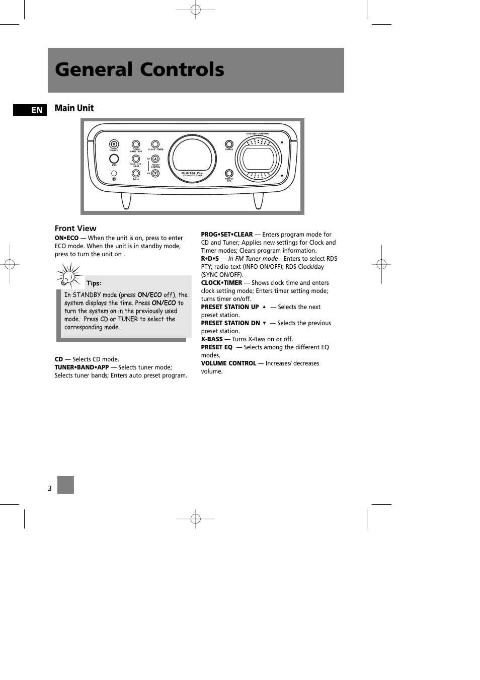 General controls, Main unit | Technicolor - Thomson Thomson Life CS90 User Manual | Page 7 / 18