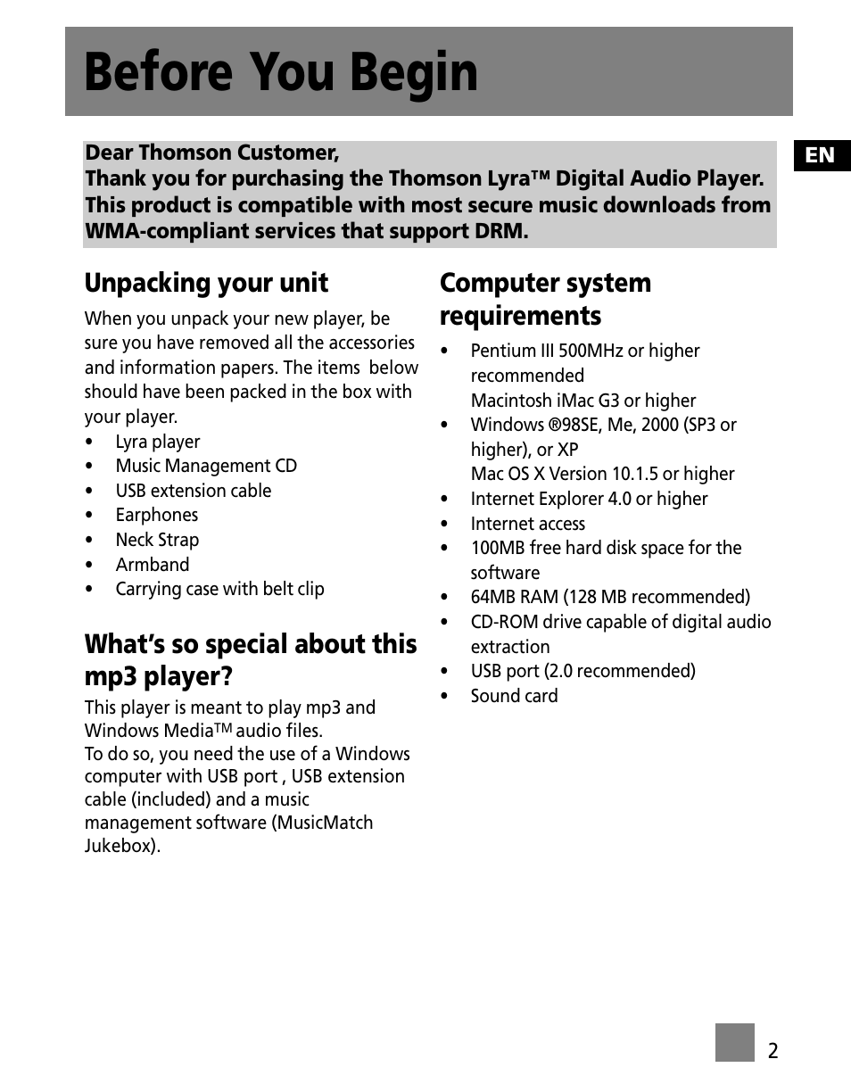 Before you begin, Unpacking your unit, What’s so special about this mp3 player | Computer system requirements | Technicolor - Thomson M200EG1 User Manual | Page 11 / 46