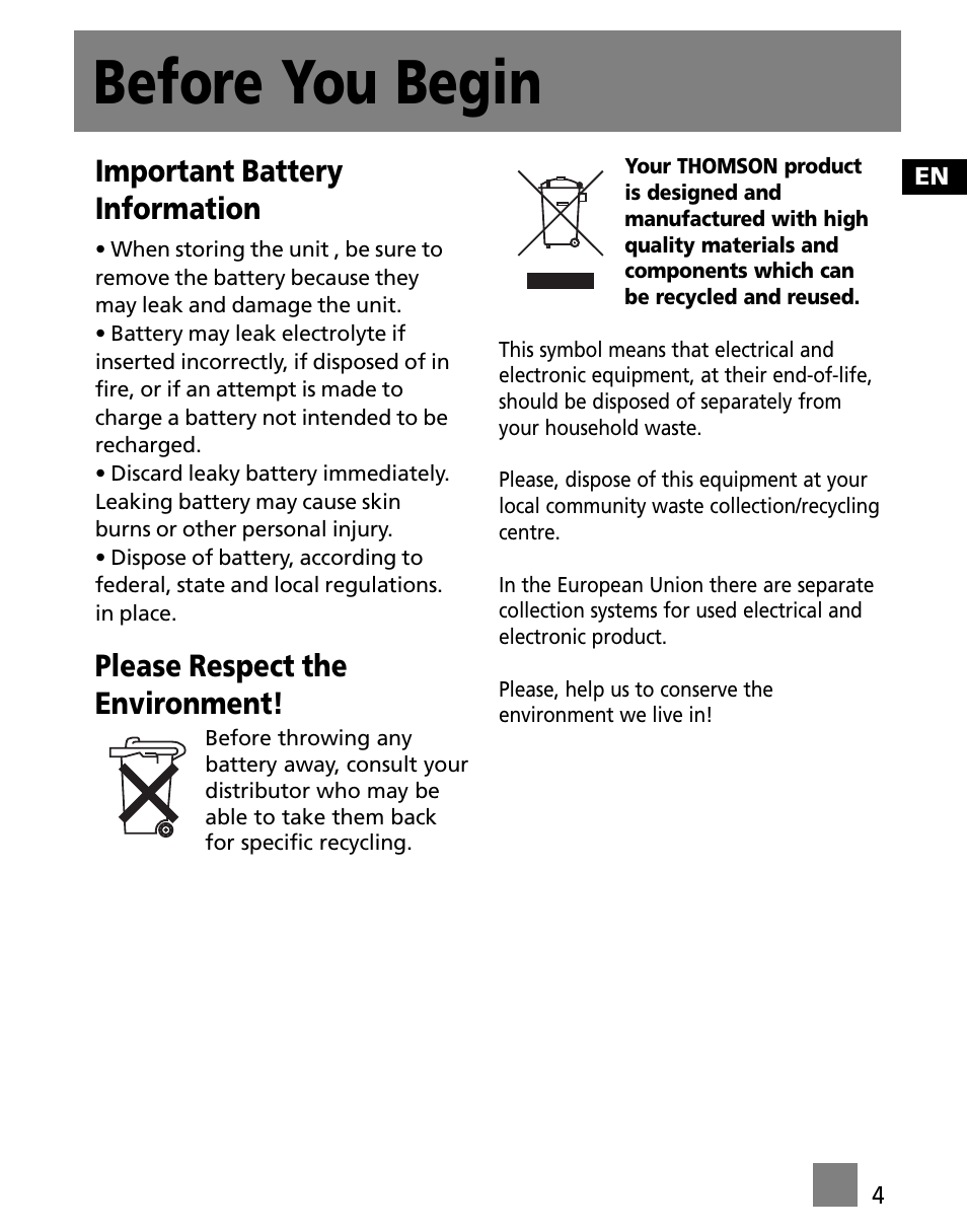 Important battery information, Please respect the environment, Before you begin | Technicolor - Thomson M200EG1 User Manual | Page 13 / 46