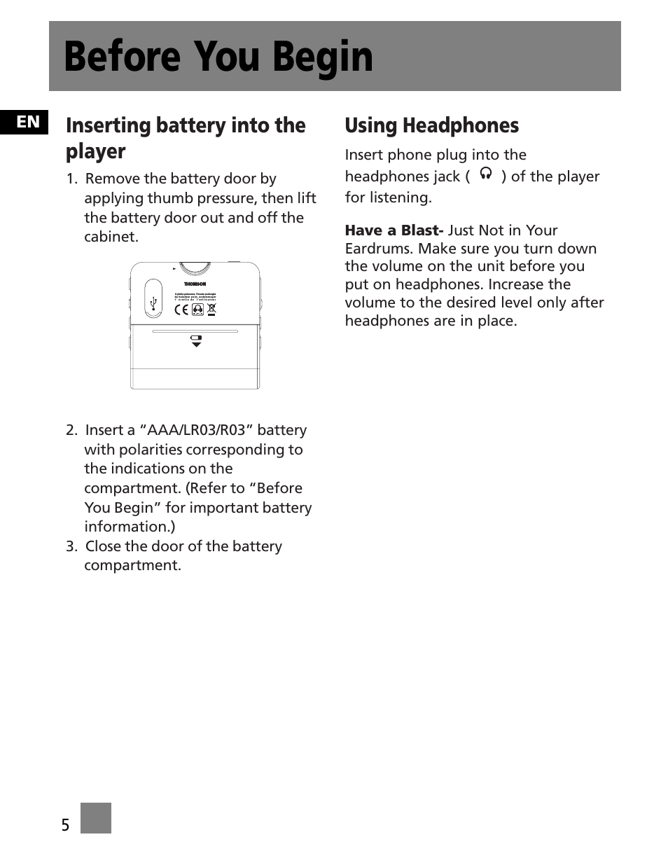 Inserting battery into the player, Using headphones, Before you begin | En 5 | Technicolor - Thomson M200EG1 User Manual | Page 14 / 46