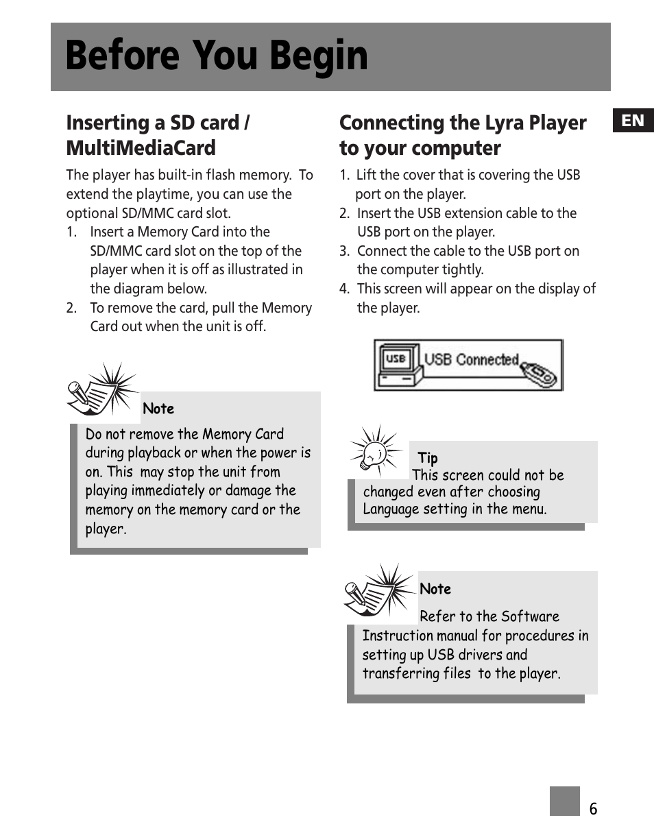 Inserting a sd card / multimediacard, Connecting the lyra player to your computer, Before you begin | Technicolor - Thomson M200EG1 User Manual | Page 15 / 46