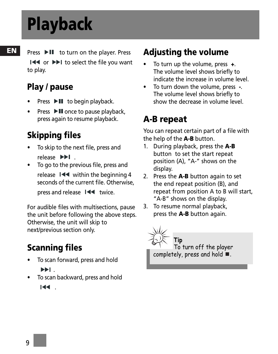 Playback, Play / pause, Skipping files | Scanning files, Adjusting the volume, A-b repeat | Technicolor - Thomson M200EG1 User Manual | Page 18 / 46