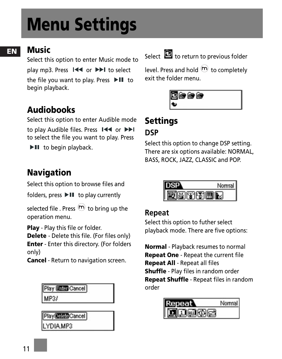 Menu settings, Music, Audiobooks | Navigation, Settings | Technicolor - Thomson M200EG1 User Manual | Page 20 / 46