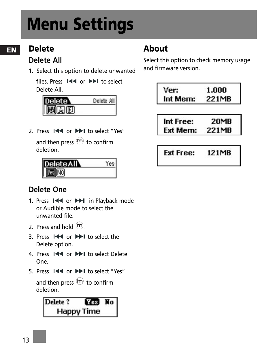 Menu settings, Delete, About | Delete all, Delete one | Technicolor - Thomson M200EG1 User Manual | Page 22 / 46