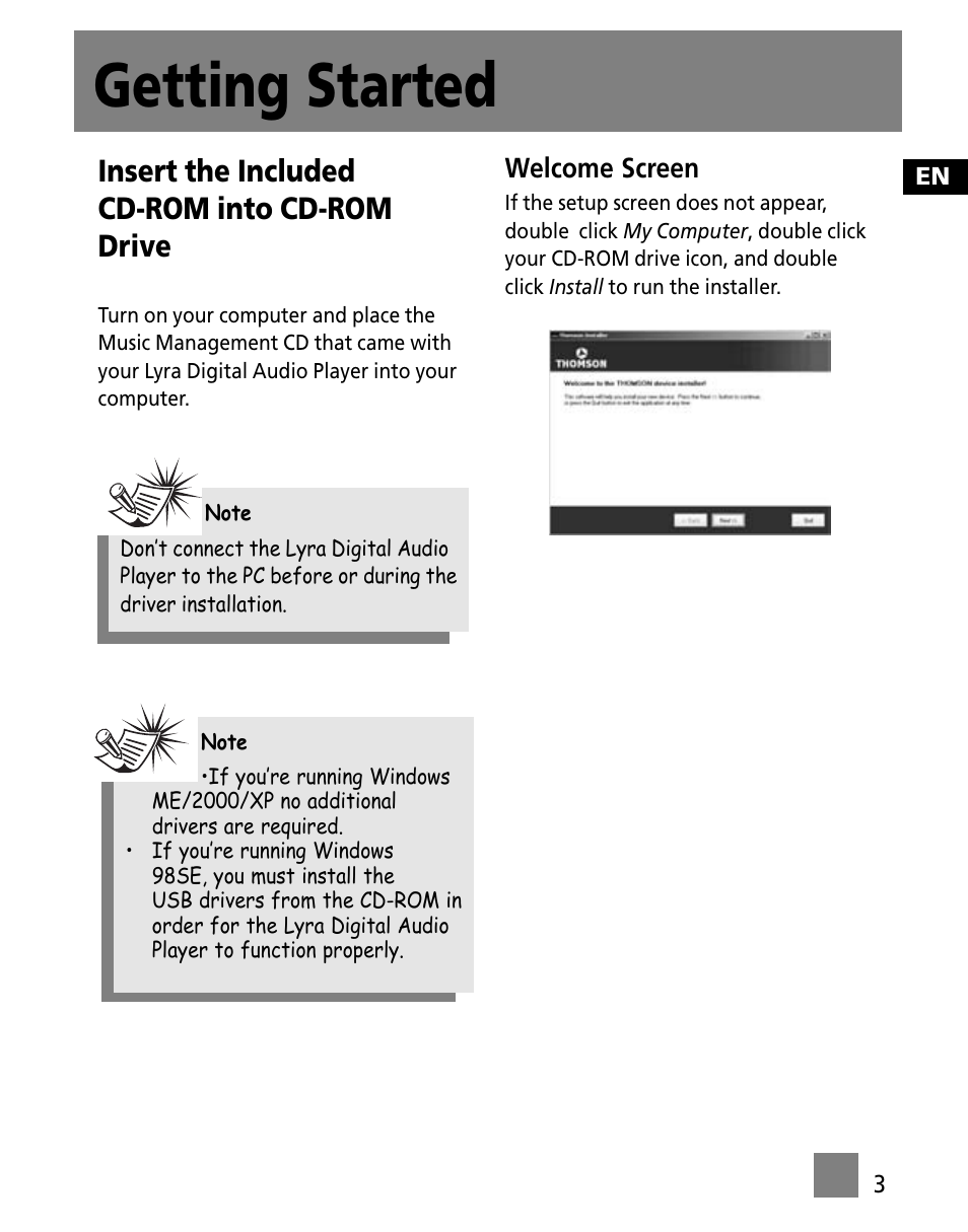 Getting started, Insert the included cd-rom into cd-rom drive | Technicolor - Thomson M200EG1 User Manual | Page 36 / 46