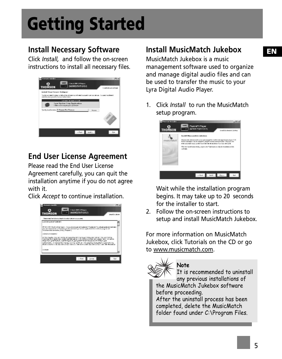Getting started, Install necessary software, End user license agreement | Install musicmatch jukebox | Technicolor - Thomson M200EG1 User Manual | Page 38 / 46